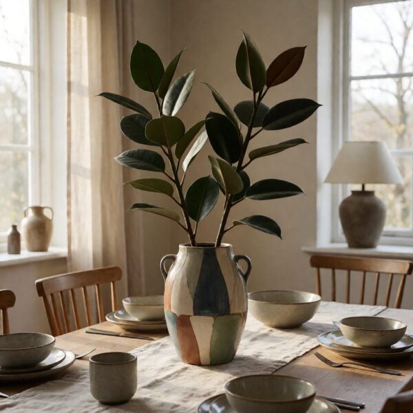 Artificial Rubber Leaf Plant in Tower Vase - Multicolor - styled as a dining table centerpiece, styled lifestyle scene