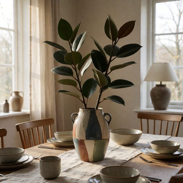 Artificial Rubber Leaf Plant in Tower Vase - Multicolor - styled as a dining table centerpiece, styled lifestyle scene