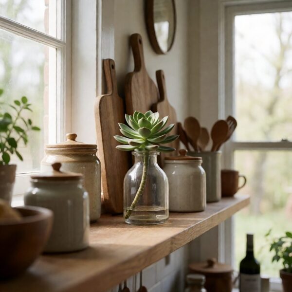 Artificial Succulent Plant in Glass Vase - Green - styled on a kitchen shelf, styled lifestyle scene