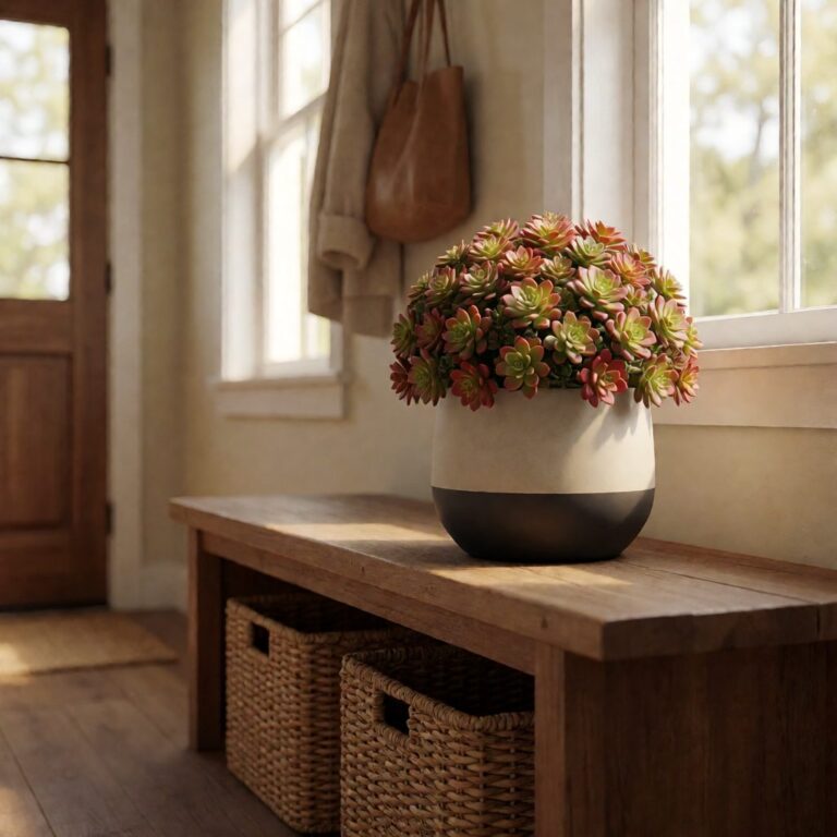 Artificial Succulent Plant in Planter - Multicolor - styled by an entryway bench, styled lifestyle scene