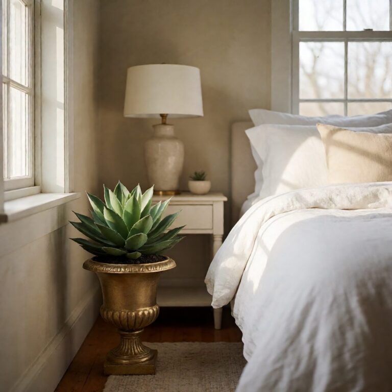 Artificial Succulent Plant in Urn - Gold - styled in a bedroom corner, styled lifestyle scene