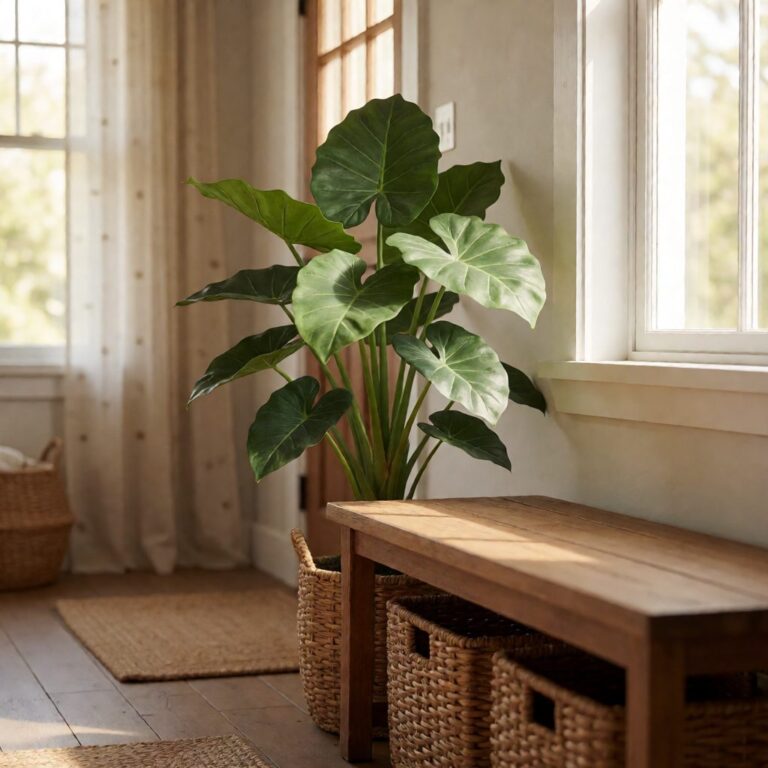 Artificial Taro Plant - styled by an entryway bench, styled lifestyle scene