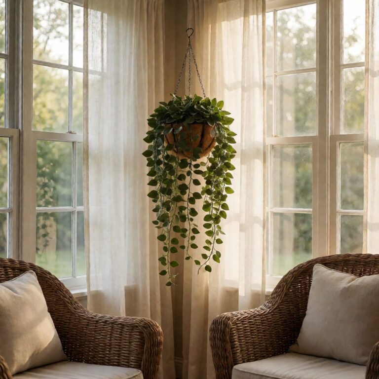 Artificial Wandering Jew Hanging Basket - styled in a sunroom, styled lifestyle scene