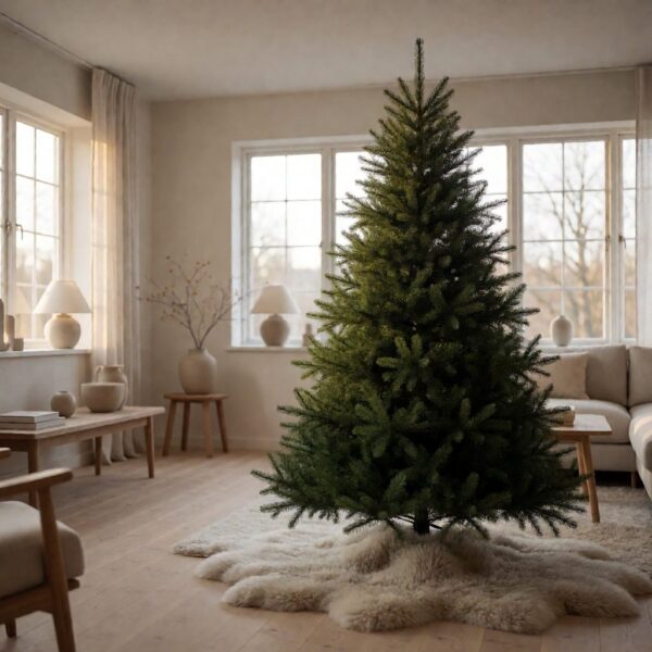 Aspen Estate Fir Artificial Christmas Tree - styled in a Scandinavian-style living room, styled lifestyle scene