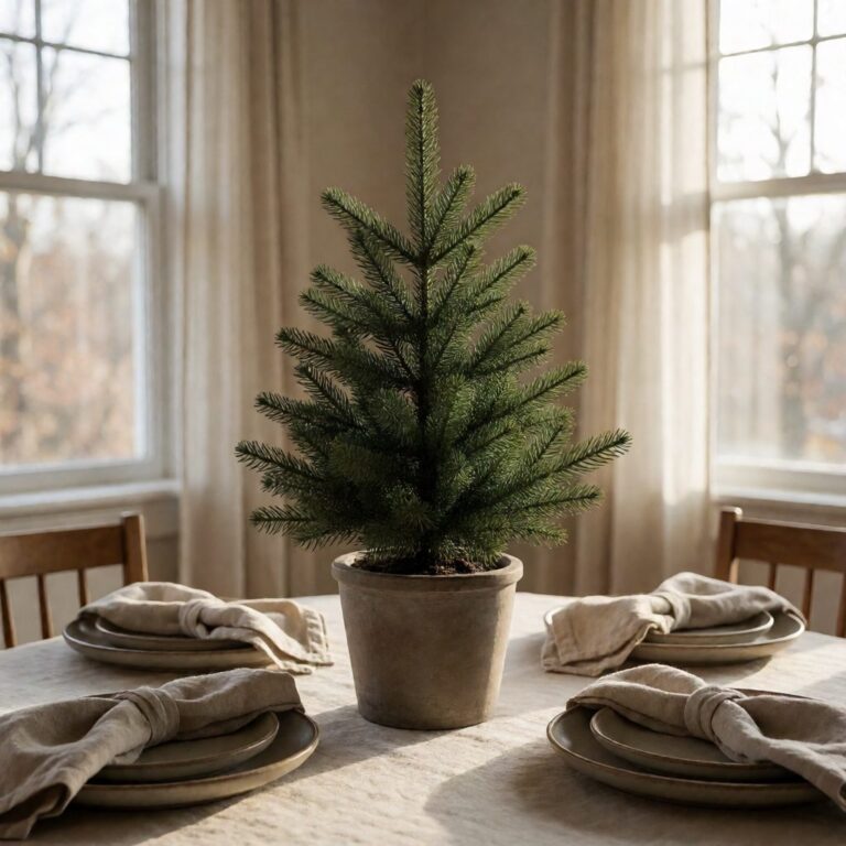 Baby Yukon Spruce Potted Artificial Christmas Tree - styled as a dining table centerpiece, styled lifestyle scene