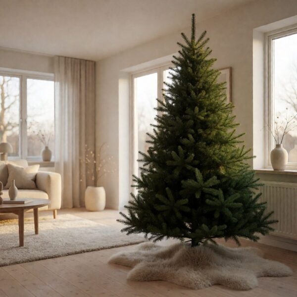 Balsam Fir Artificial Christmas Tree - styled in a Scandinavian-style living room, styled lifestyle scene