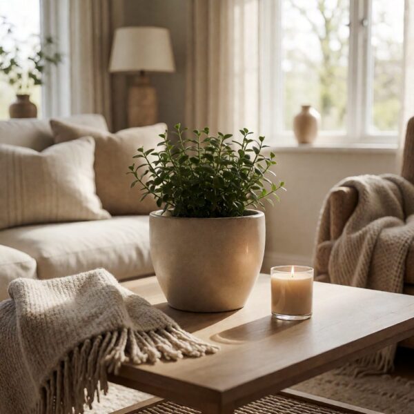 Beige Ceramic Planter - styled on a coffee table, styled lifestyle scene