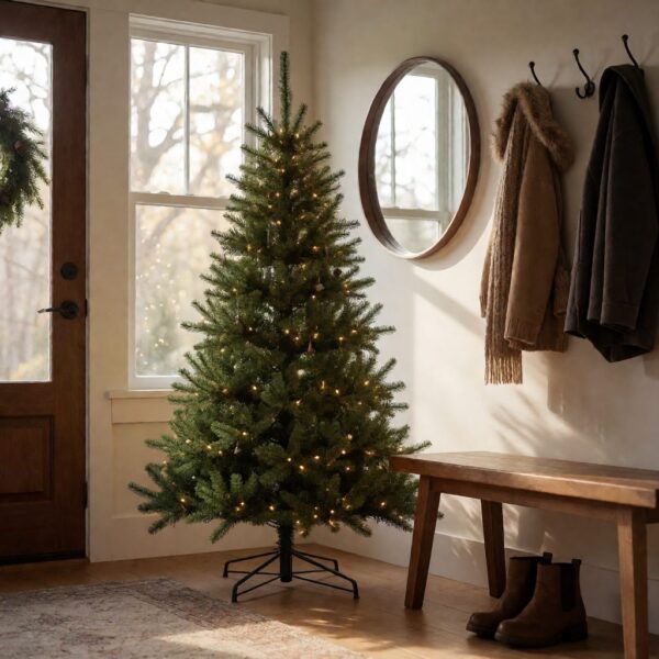 Bellevue Spruce Artificial Christmas Tree - styled in an entryway foyer with a wooden bench, styled lifestyle scene