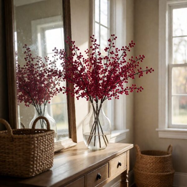 Berry Artificial Centerpiece in Glass Vase - Red - styled on an entryway console table, styled lifestyle scene