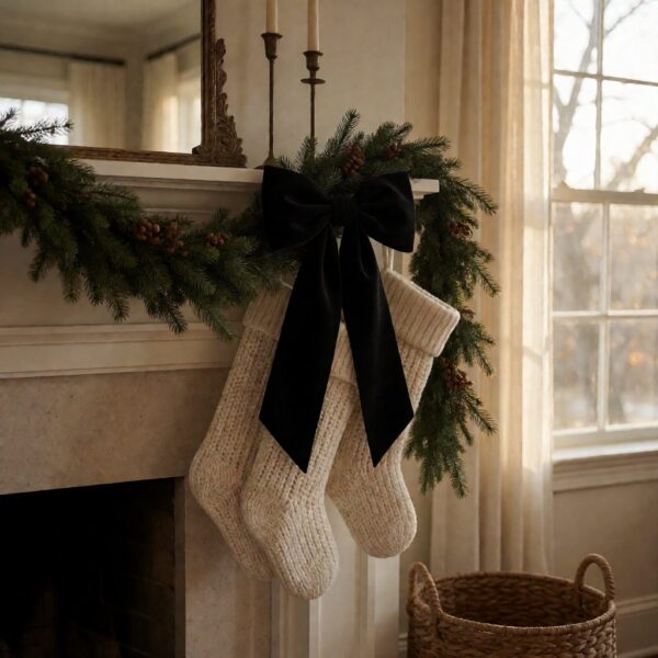 Black Bow - Black - styled on a fireplace garland, styled lifestyle scene