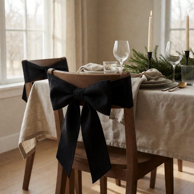 Black Canvas Bow - styled on a dining chair, styled lifestyle scene