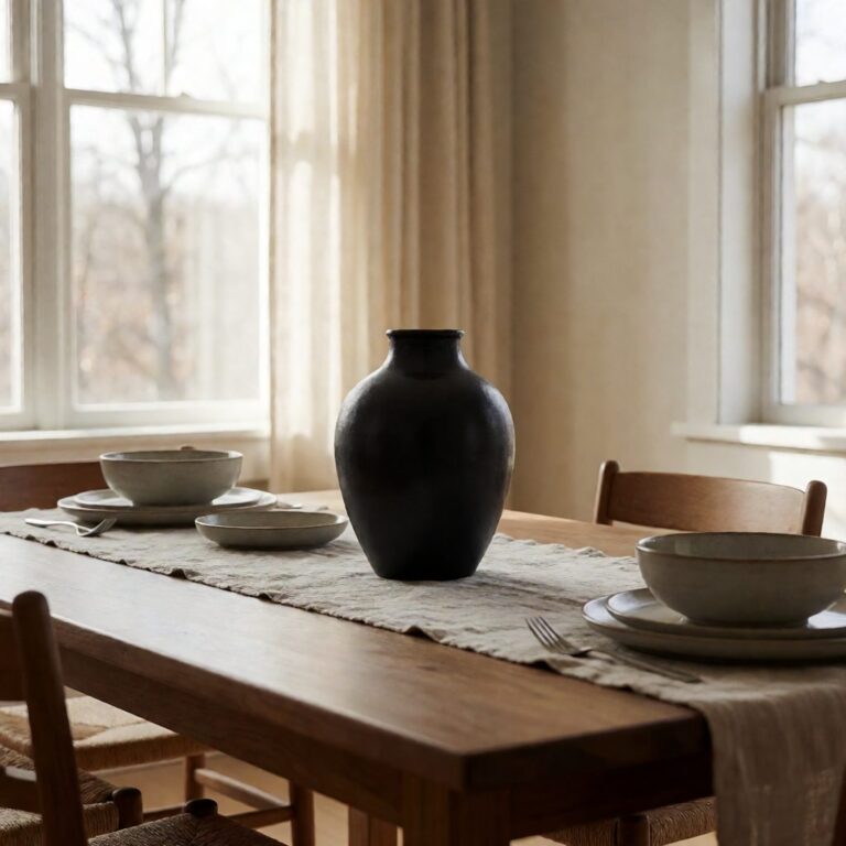 Black Ceramic Modern Vase - styled as a dining table centerpiece, styled lifestyle scene