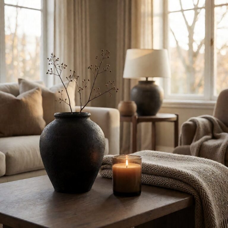 Black Ceramic Textured Vase - styled on a coffee table, styled lifestyle scene