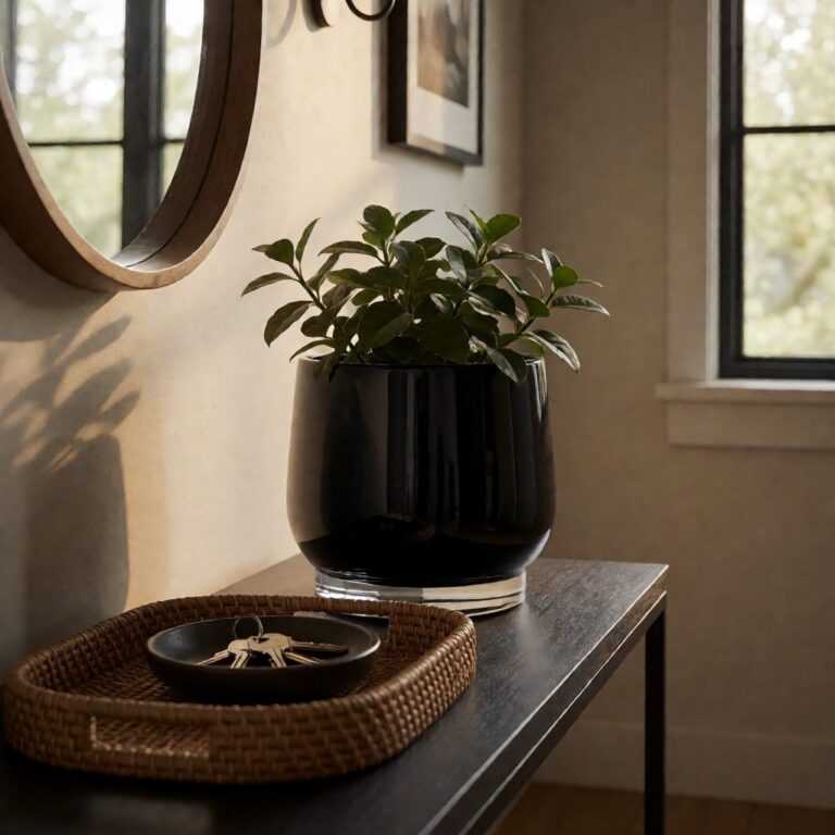 Black Glass Planter - styled on an entryway console table, styled lifestyle scene