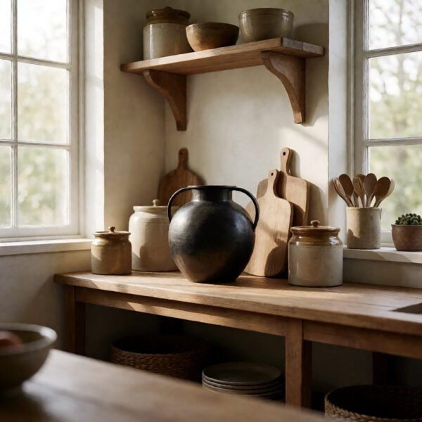 Black Metal Round Vase - styled on a kitchen shelf, styled lifestyle scene