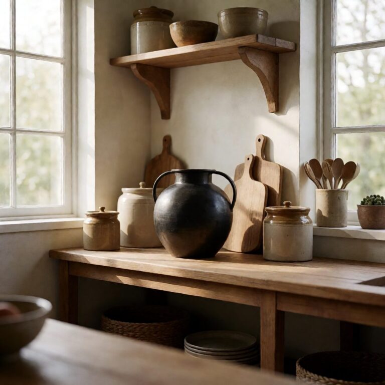 Black Metal Round Vase - styled on a kitchen shelf, styled lifestyle scene