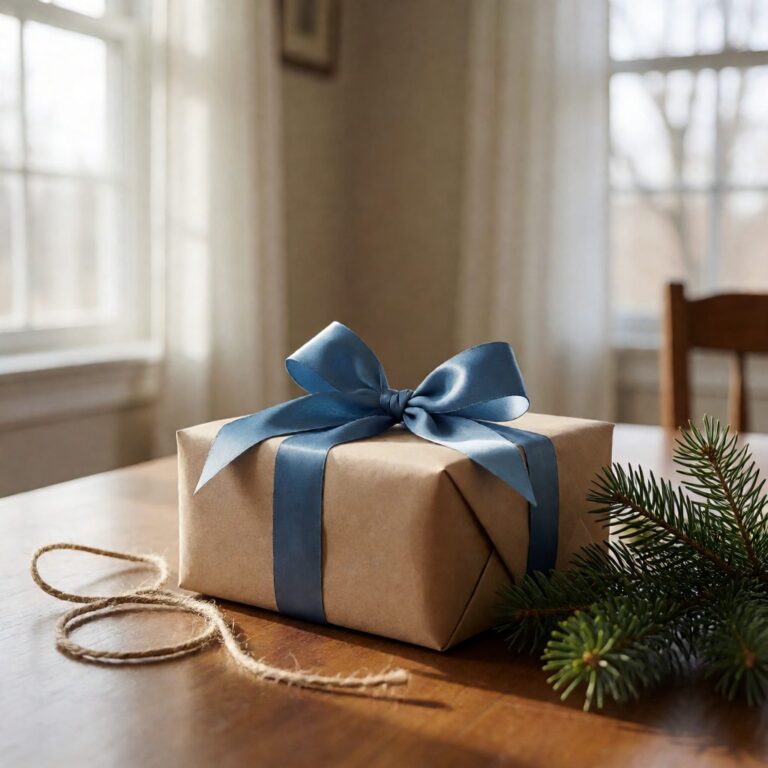 Blue Bow - styled on a wrapped gift box, styled lifestyle scene