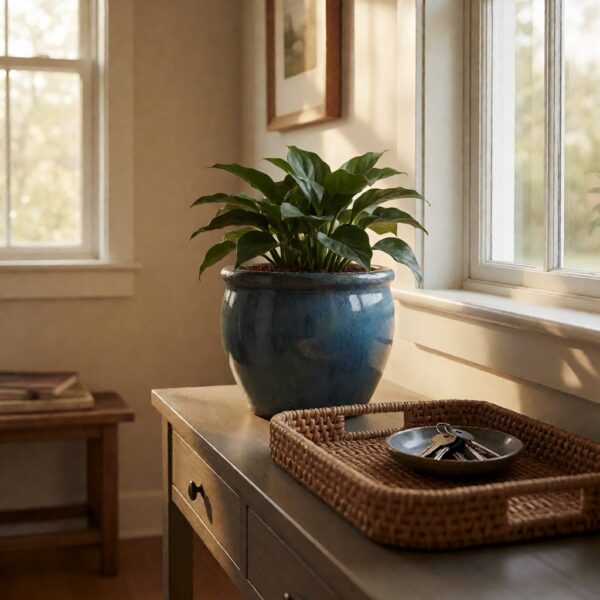 Blue Ceramic Planter - Set of 5 - styled on an entryway console table, styled lifestyle scene