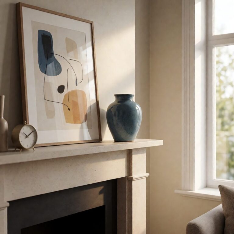 Blue Ceramic Vase - styled on a fireplace mantel, styled lifestyle scene