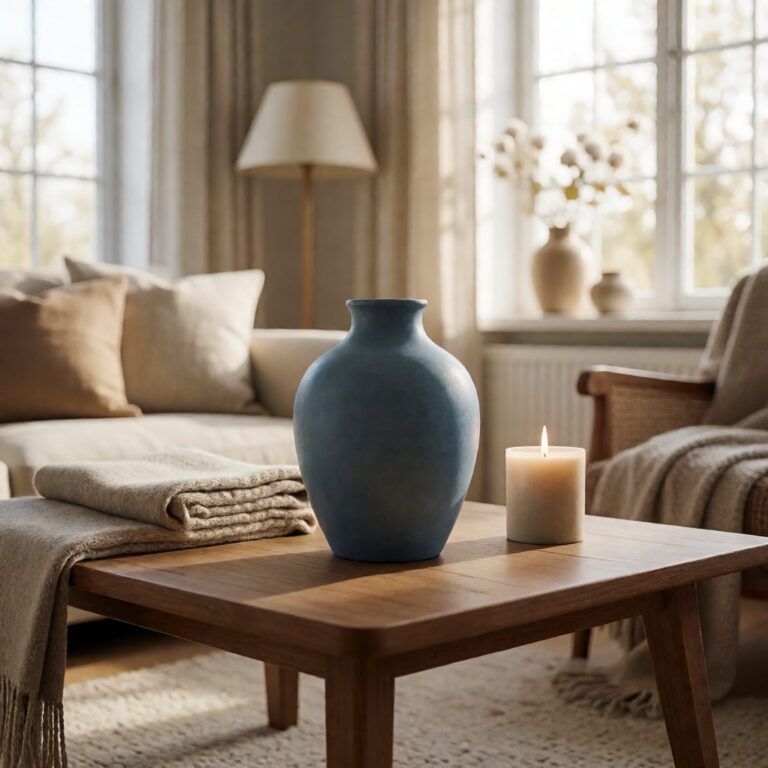 Blue Ceramic Vase - Blue - styled on a coffee table, styled lifestyle scene