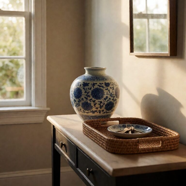 Blue Porcelain Round Vase - styled on an entryway console table, styled lifestyle scene