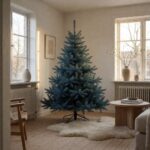 Blue Spruce Flip-Style Artificial Christmas Tree - styled in a Scandinavian-style living room, styled lifestyle scene