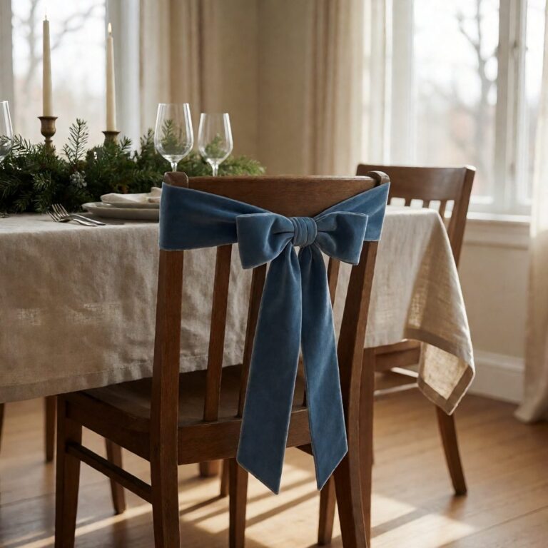 Blue Velvet Bow - styled on a dining chair, styled lifestyle scene