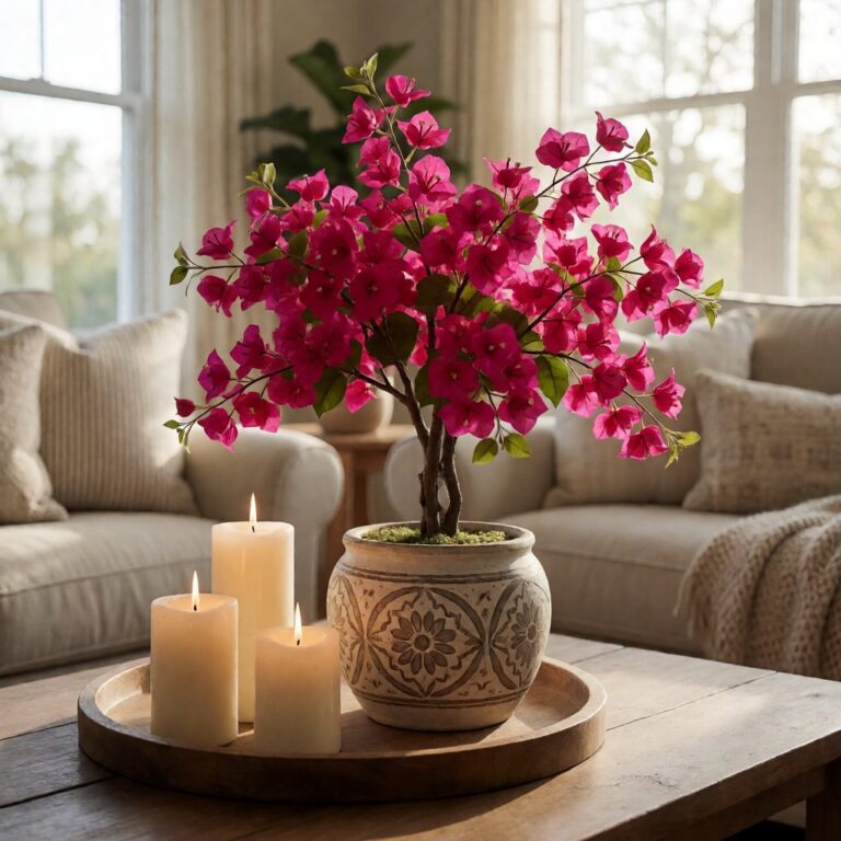 Bougainvillea Artificial Arrangement in Pot - styled on a coffee table with candles, styled lifestyle scene