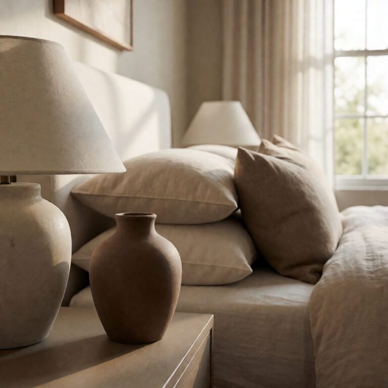 Brown Ceramic Matte Vase - 7.75" - styled on a bedside table, styled lifestyle scene