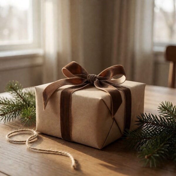 Brown Velvet Bow - styled on a wrapped gift box, styled lifestyle scene