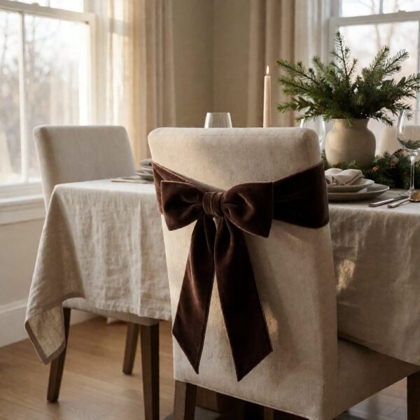 Brown Velvet Bow - Chocolate Brown - styled on a dining chair, styled lifestyle scene