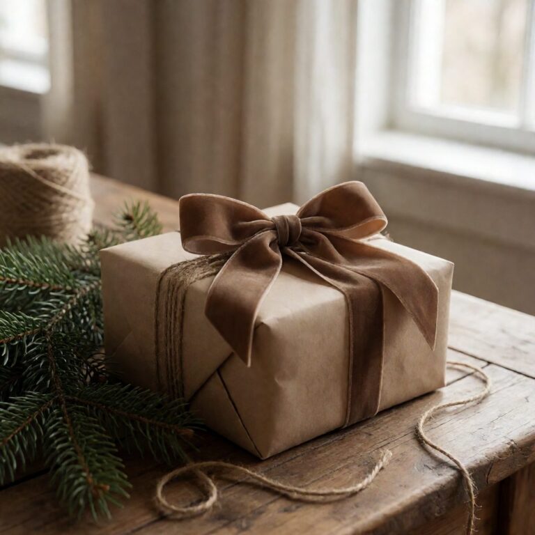 Brown Velvet Bow - Light Brown - styled on a wrapped gift box, styled lifestyle scene