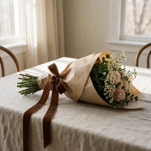 Brown Velvet Ribbon - 10Yd - styled wrapped around a bouquet, styled lifestyle scene