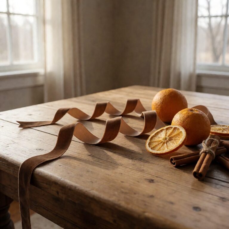Brown Velvet Ribbon - Light Brown - styled with dried orange decor, styled lifestyle scene