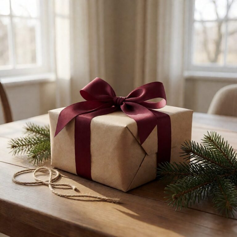 Burgundy Bow - styled on a wrapped gift box, styled lifestyle scene