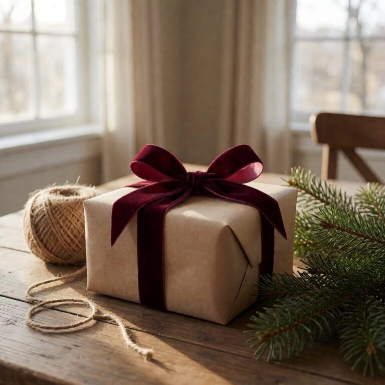 Burgundy Velvet Bow - styled on a wrapped gift box, styled lifestyle scene