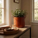 Burnt Orange Metal Planter - styled on an entryway console table, styled lifestyle scene
