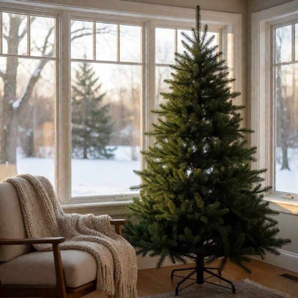 California Baby Redwood Flip-Style Artificial Christmas Tree - styled beside a bay window with snow outside, styled lifestyle scene