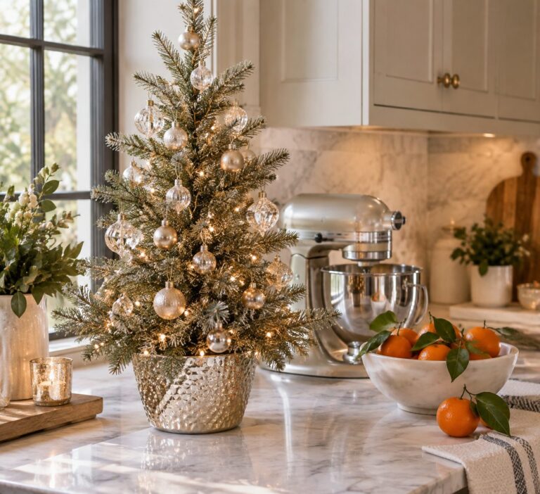 Champagne & Crystal Potted Artificial Christmas Tree - styled on a kitchen counter, styled lifestyle scene