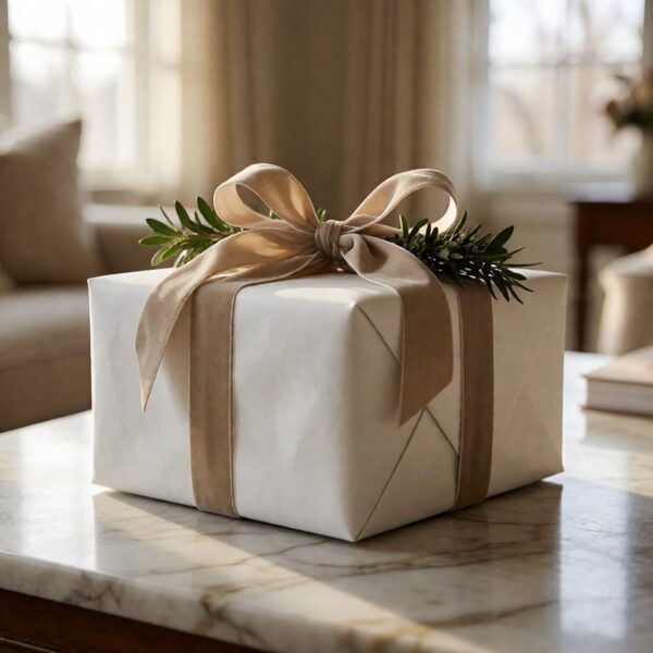 Champagne Velvet Ribbon - 10Yd - styled on a wrapped gift, styled lifestyle scene