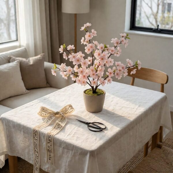 Cherry Blossom Artificial Arrangement in Pot - styled as a flat lay on linen, styled lifestyle scene