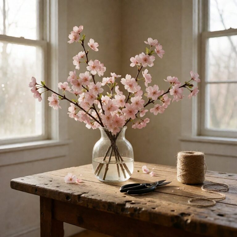 Cherry Blossom Faux Arrangement in Glass Vase - styled on a craft worktable, styled lifestyle scene
