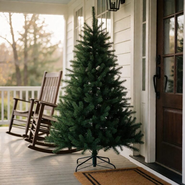 Classic Evergreen Spruce Artificial Christmas Tree - styled on a covered front porch, styled lifestyle scene
