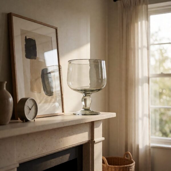Clear Glass Compote Vase - Large - styled on a fireplace mantel, styled lifestyle scene
