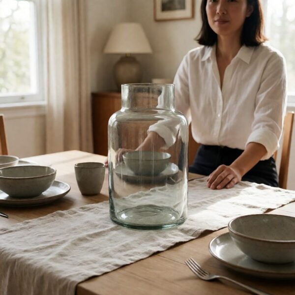 Clear Glass Cylinder Vase - Large - styled as a dining table centerpiece, styled lifestyle scene