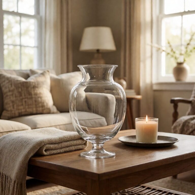 Clear Glass Footed Vase - styled on a coffee table, styled lifestyle scene