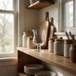 Clear Glass Footed Vase - Clear - styled on a kitchen shelf, styled lifestyle scene