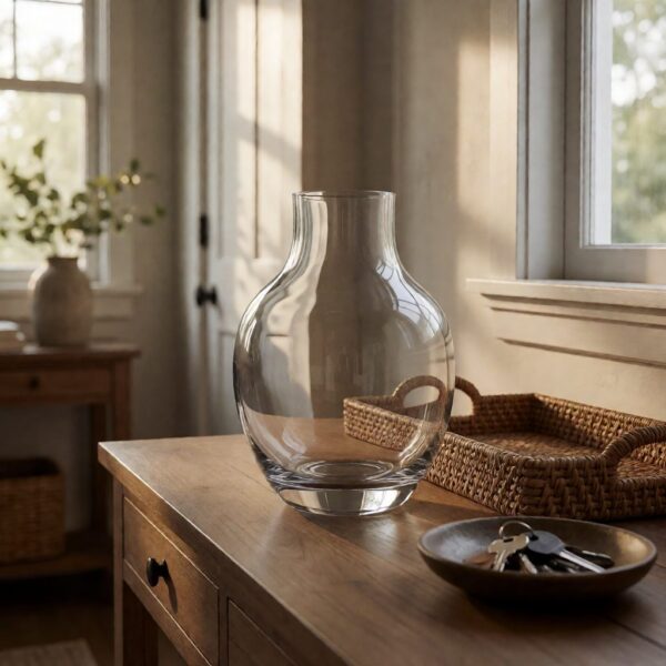 Clear Glass Modern Vase - Clear Glass - styled on an entryway console table, styled lifestyle scene