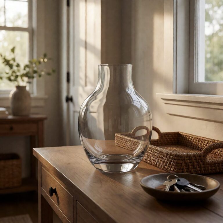 Clear Glass Modern Vase - Clear Glass - styled on an entryway console table, styled lifestyle scene