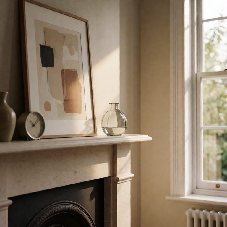 Clear Glass Pocket Vase - Small - styled on a fireplace mantel, styled lifestyle scene